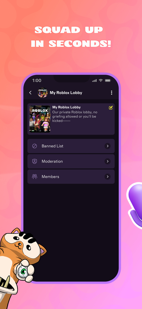 Una captura de pantalla de la interfaz de la app DUBS que muestra un lobby privado de Roblox con opciones de moderación y gestión de miembros