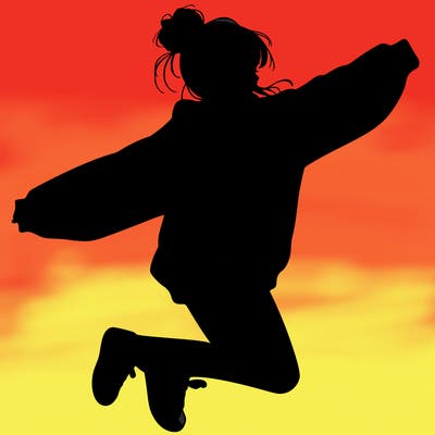 realistic girl jumping with a bun and oversized sweatshirt