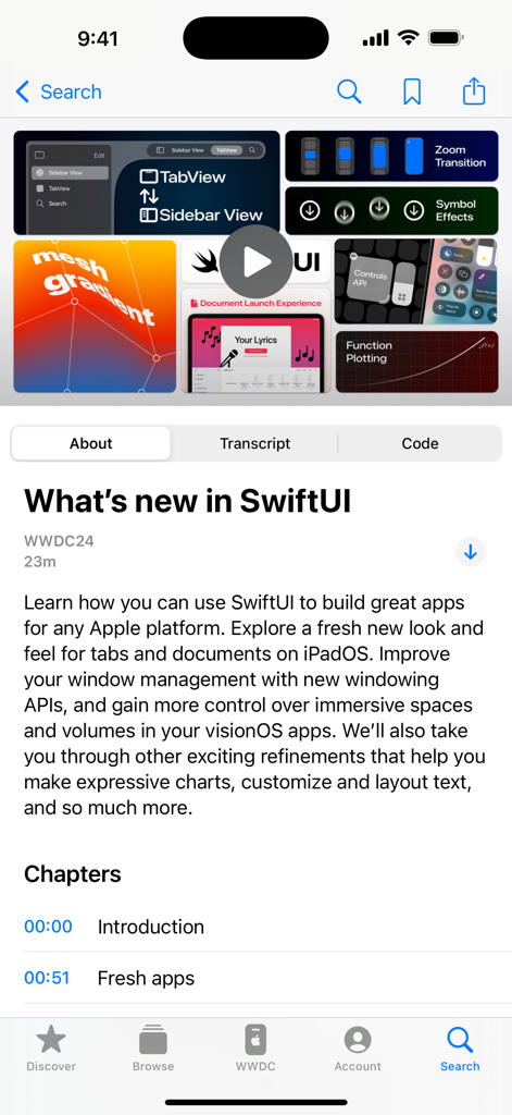 Apple Developer - Interfaz de la aplicación Apple Developer que muestra un video de WWDC24 titulado ¿Qué hay de nuevo en SwiftUI.