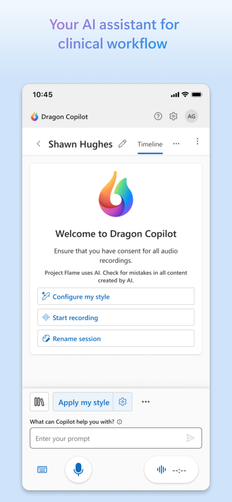 Écran d'accueil de Microsoft Dragon Copilot pour le flux de travail clinique