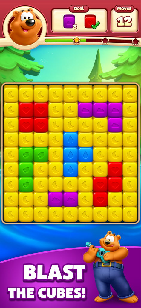 Toon Blast mobile game puzzle board featuring colorful cubes and Bruno Bear character