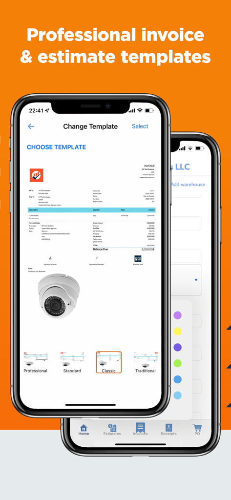 Simple Invoice Maker & Receipt - Pantalla de la aplicación móvil que muestra plantillas profesionales de facturas y presupuestos para propietarios de pequeñas empresas