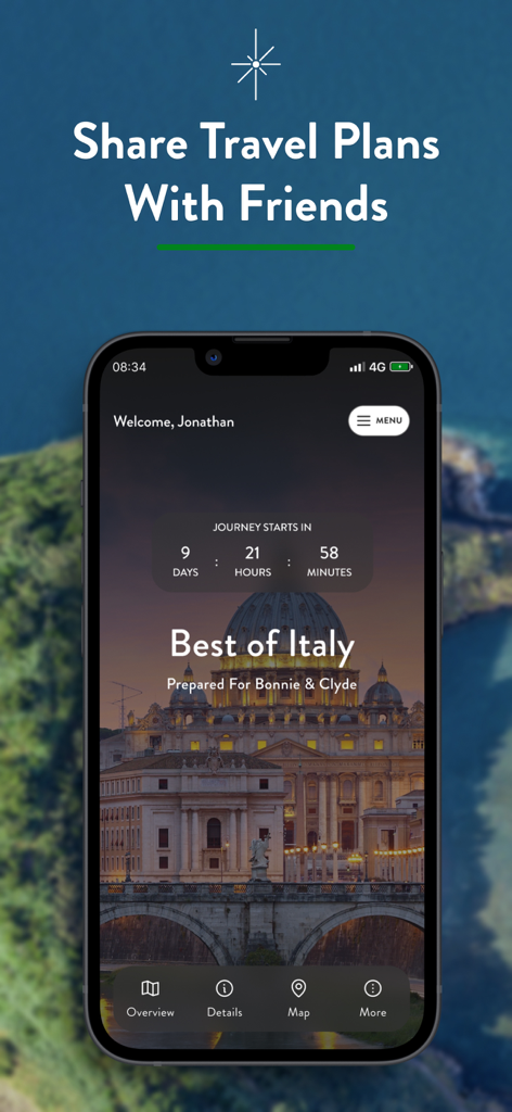 Smartphone screen showcasing a luxury travel itinerary for Italy with a countdown timer.