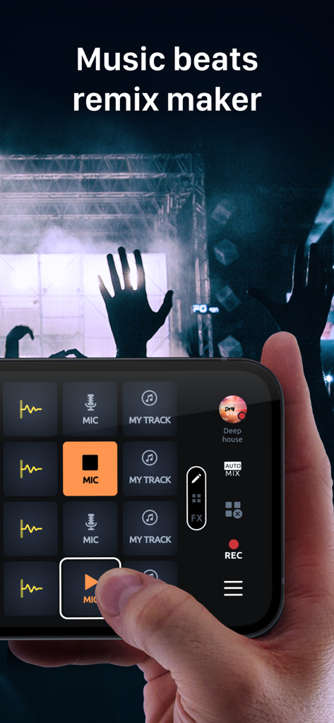 A person using the DJ Mix Pads 2 app to create music beats and remixes on a smartphone with a concert background