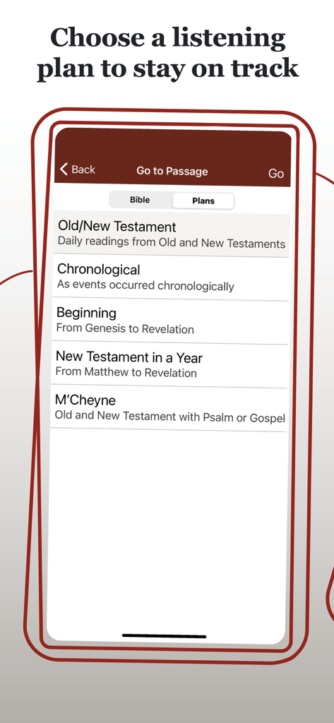 Interface of the Bible Audio app showing a list of different listening plans to help users stay on track with scripture