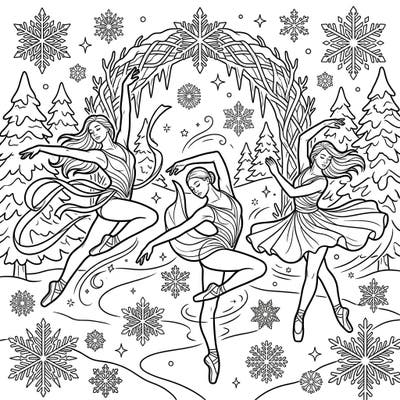 Immerse yourself in a beautiful winter scene where graceful dancers express their unique selves. This coloring page captures the serene magic of a personal journey amidst falling snowflakes and frosty pines.