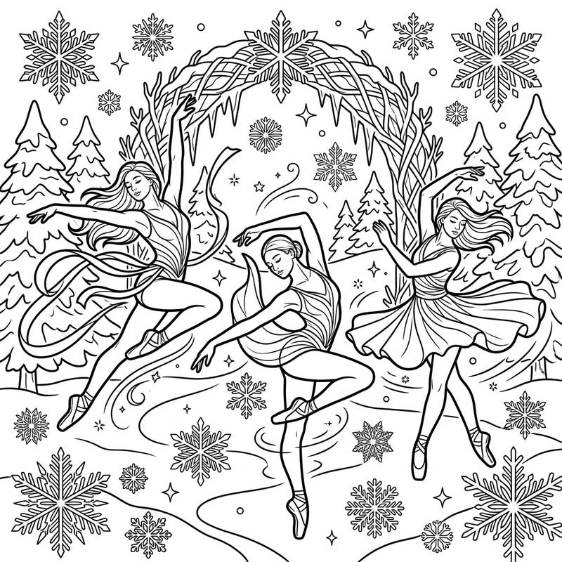 Immerse yourself in a beautiful winter scene where graceful dancers express their unique selves. This coloring page captures the serene magic of a personal journey amidst falling snowflakes and frosty pines.