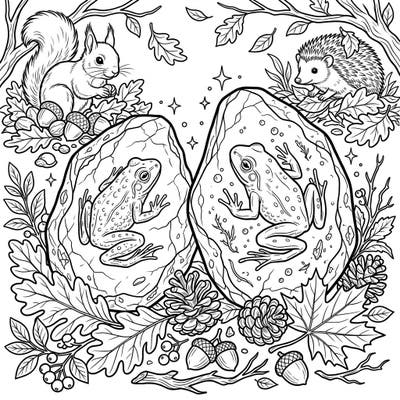 Uncover the mystery of ancient amber frogs preserved amidst a beautiful autumn setting. This engaging coloring page features delightful woodland creatures like a squirrel and hedgehog, surrounded by abundant fall leaves, acorns, and pinecones.