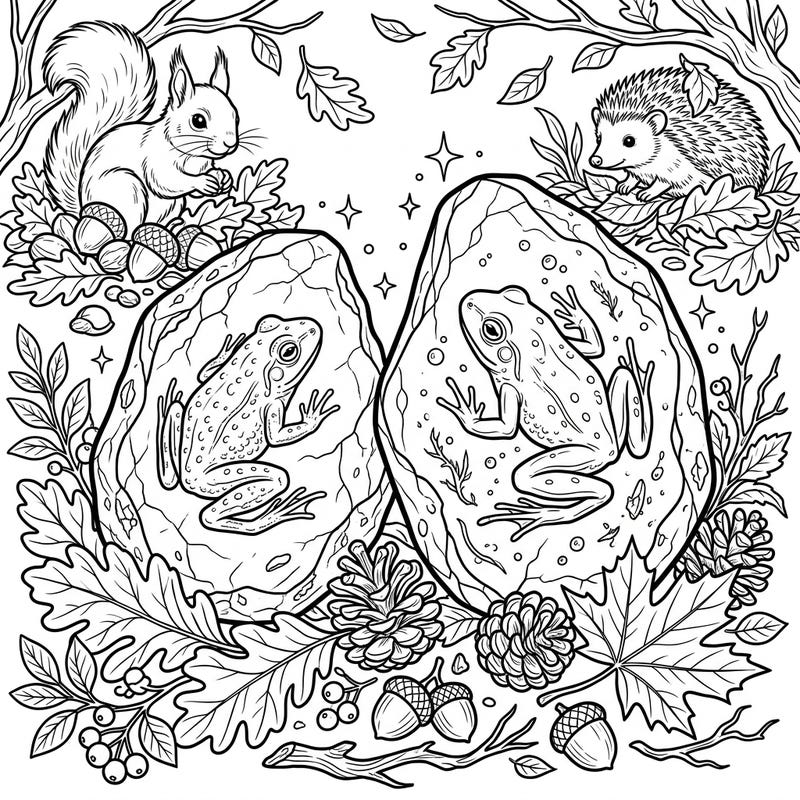 Uncover the mystery of ancient amber frogs preserved amidst a beautiful autumn setting. This engaging coloring page features delightful woodland creatures like a squirrel and hedgehog, surrounded by abundant fall leaves, acorns, and pinecones.