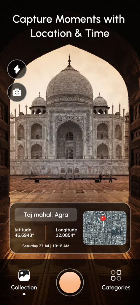 GPS Map Camera Geotag Location - GPSマップカメラアプリのインターフェース、緯度経度とマップオーバーレイが付いたタージ・マハルのジオタグ付き写真を表示