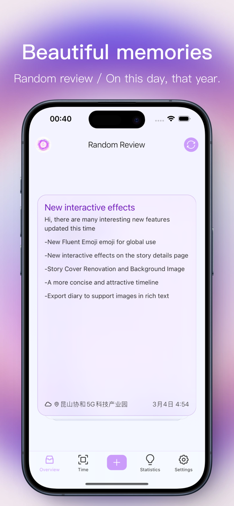 Shine app screenshot showing the Random Review feature with a digital memory card on a purple background.
