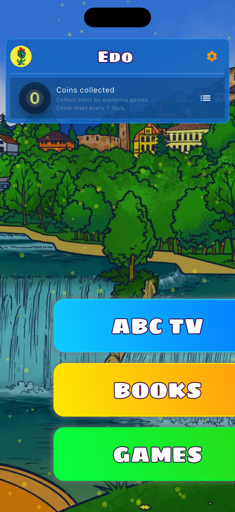 Main menu screen of the ABC Djeca app with buttons for ABC TV, Books, and Games over a scenic waterfall background