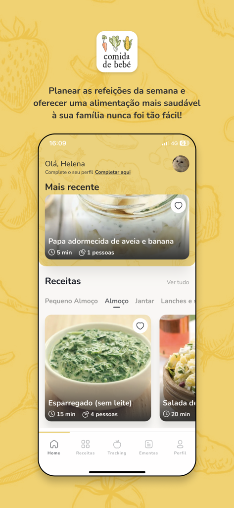 Comida de Bebé - Home screen of Comida de Bebe app displaying healthy baby food recipes and meal planning options