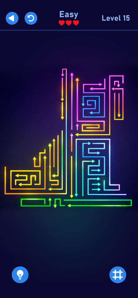 Arrow World - Puzzle Out Game - Interfaz de puzzle de flechas de neón para el nivel quince del juego Arrow World