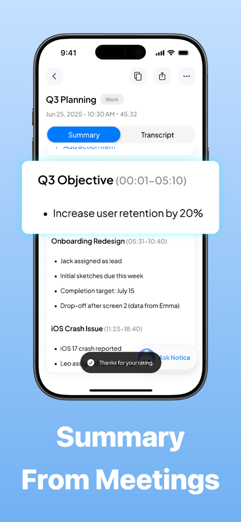 Notica - AI Meeting Notes - Écran de smartphone montrant un résumé de réunion IA avec objectifs clés et éléments d'action dans l'application Notica