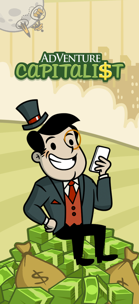 The AdVenture Capitalist character sitting on a pile of cash and money bags while holding a smartphone.