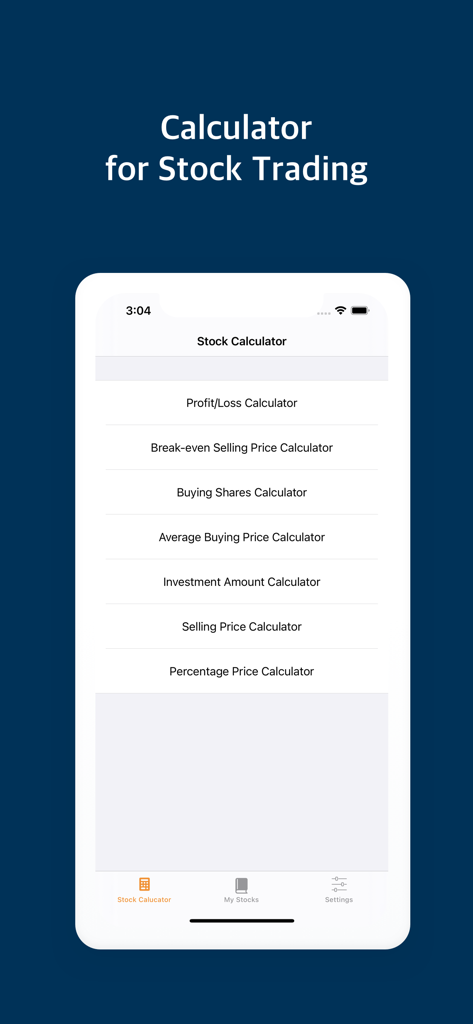 Smart Stock Calculator - Smart Stock Calculator app main menu showing various trading tools including Profit and Loss and Break-even Selling Price calculators