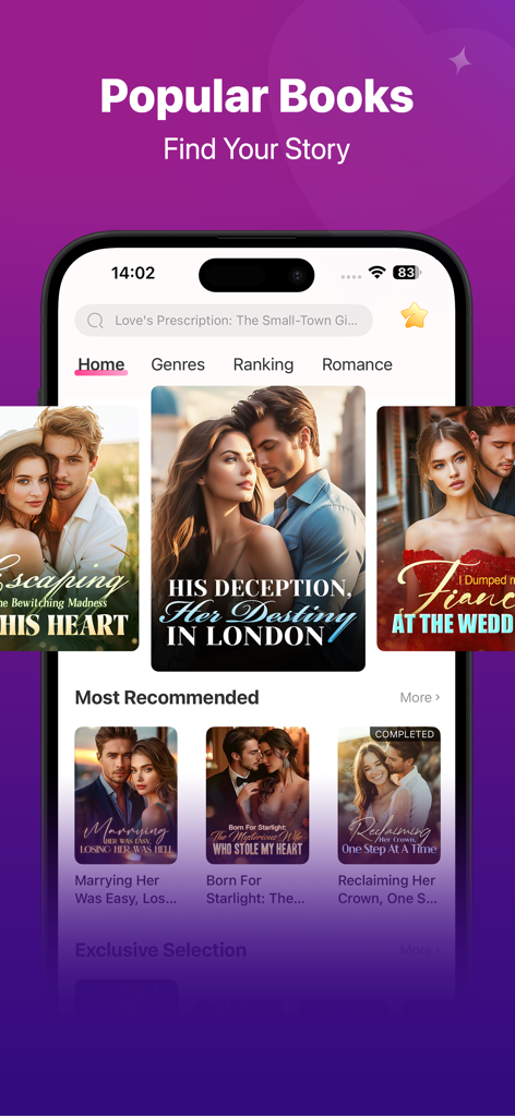 Manobook: My Good Story Reader - Interfaz de la aplicación Manobook que muestra novelas románticas populares y recomendadas