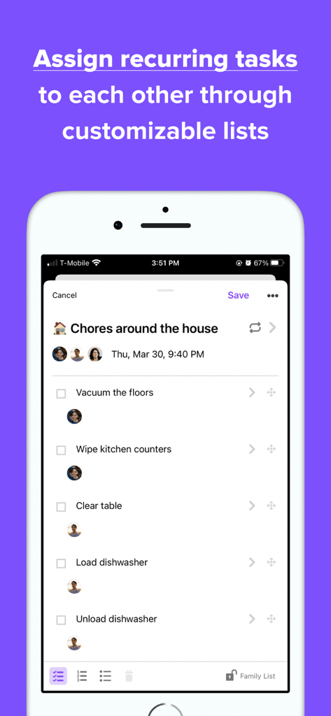 Una lista de tareas domésticas compartida en la aplicación Family Daily que muestra tareas como aspirar y limpiar asignadas a diferentes miembros de la familia.
