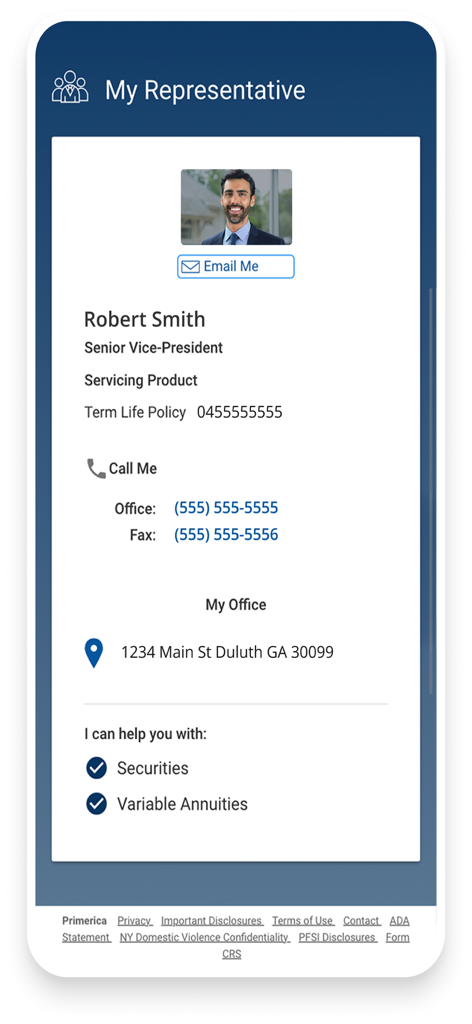 MyPrimerica app screen showing financial representative contact details
