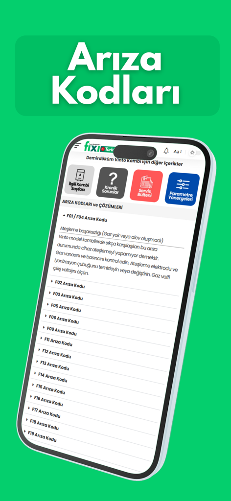 Fixi - FixiアプリのHVACエラーコードと技術トラブルシューティングガイドのリストを示すスマートフォンの画面