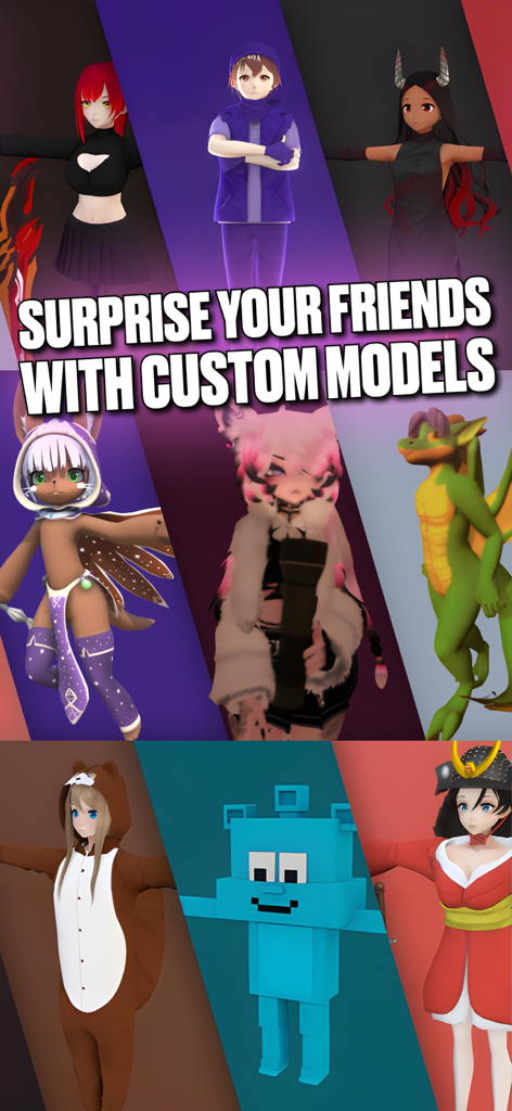 Un collage que muestra diversos modelos de avatares en 3D, incluyendo personajes de anime y criaturas de fantasía para realidad virtual