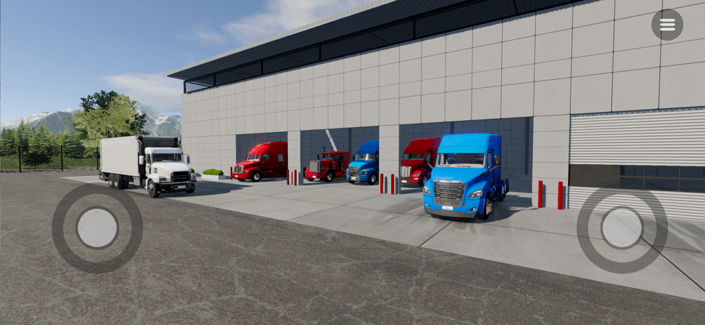 A fleet of customized semi trucks parked in front of a large trucking garage