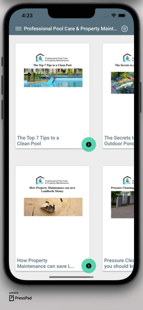 Pool Care and Property Maintenance app showing various DIY guides for home and pool upkeep