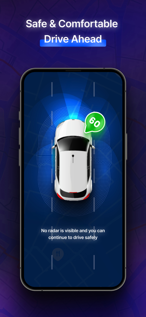 MapXplorer: Map Radar Navigate - MapXplorer app interface showing a car with radar scanning and a 60 speed limit alert for safe driving