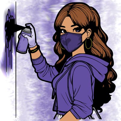 realistic girl with mask spray painting a wall