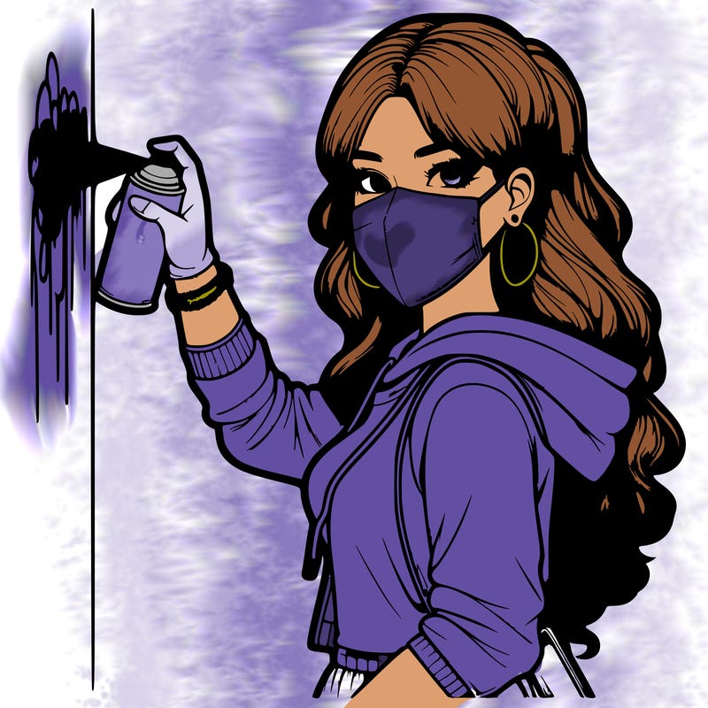 realistic girl with mask spray painting a wall