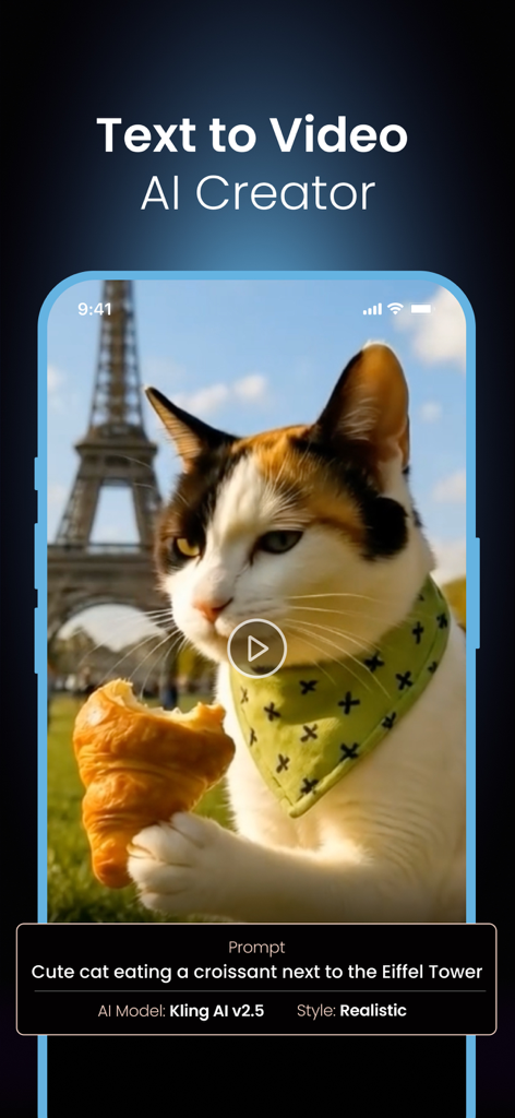 Interface of Vimo AI showing an AI generated video of a cat with a croissant in Paris from a text prompt