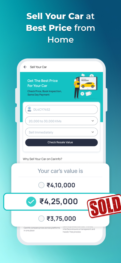 Screenshot of the CarInfo app showing the Sell Your Car feature and resale value calculator for Indian vehicles