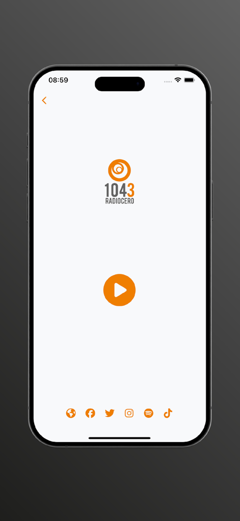 Casa de Radios - Casa de Radios app interface displaying the Radio Cero 104.3 player with a central play button
