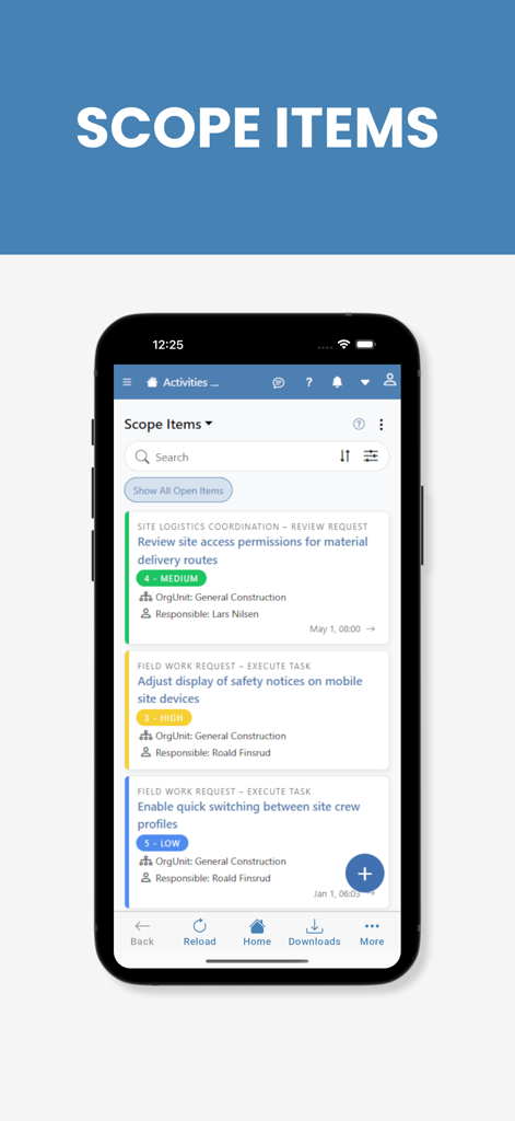 Omega 365 - Omega 365 mobile app interface displaying a list of project scope items and construction tasks