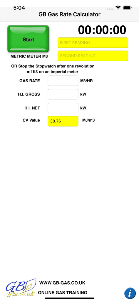 GB Gas Rate Calculator - GB Gas Rate Calculator app interface showing metric meter reading fields and stopwatch