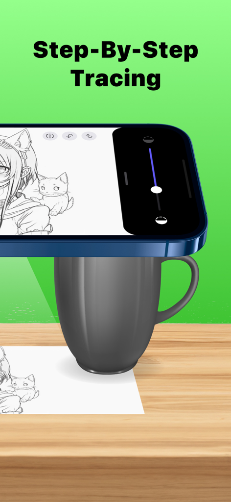 Drawing Projector: AR Drawing - Un smartphone equilibrado sobre una taza usando AR para proyectar un dibujo de anime para calcar sobre papel.