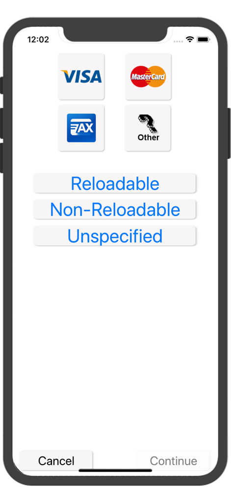 Prepaid Credit Card Balances - Interfaz de la aplicación móvil que muestra opciones para seleccionar tipos de tarjetas como Visa y MasterCard con categorías para tarjetas recargables y no recargables