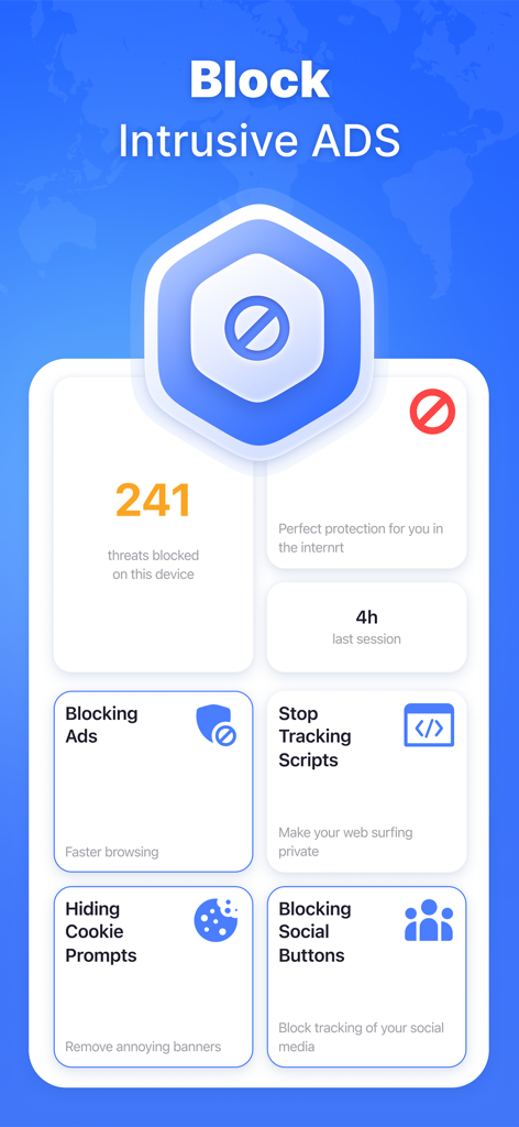 VPN Wave Proxy & AdBlock Pro - Ein Screenshot der VPN Wave App-Oberfläche, der Funktionen zum Blockieren von Werbung und Statistiken zu blockierten Bedrohungen zeigt.