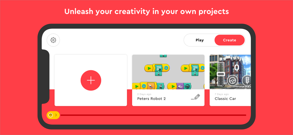 LEGO Powered Up app interface showing a dashboard for creating custom coding projects and remote control setups