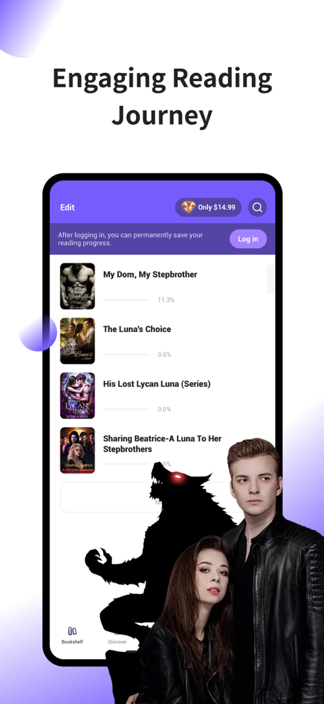 Novelpack - Captura de pantalla de la aplicación Novelpack que muestra una lista de libros de romance y fantasía con la silueta de un hombre lobo y dos personajes
