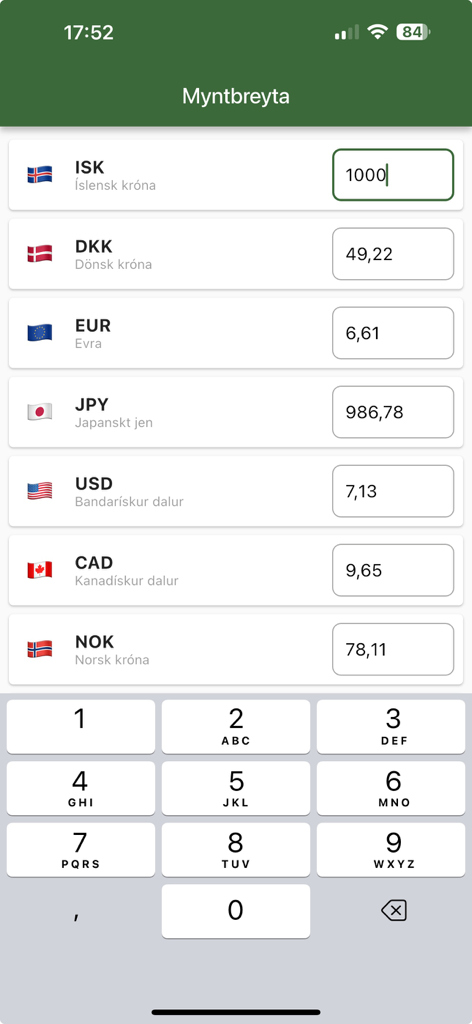 Myntbreytaアプリのモバイル画面。アイスランドクローナからの通貨換算レートを表示しています。