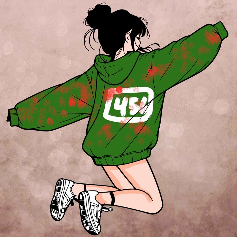 realistic girl jumping with a bun and oversized sweatshirt