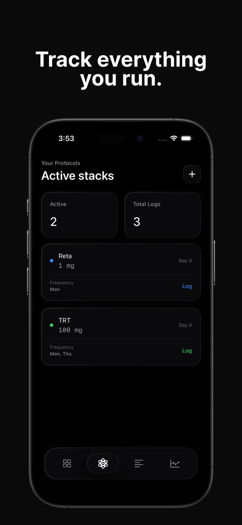Dose: Peptide Tracker - A mobile dashboard showing active peptide stacks including TRT and Reta protocols.