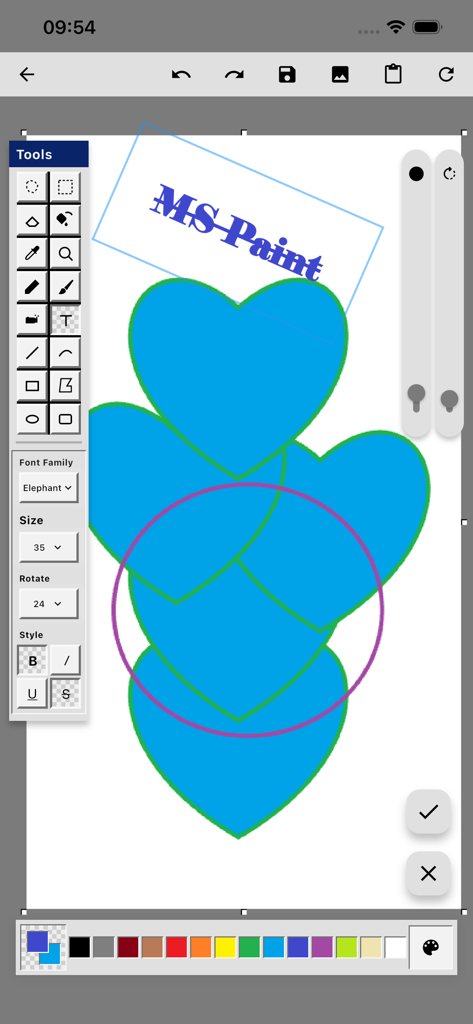Ms Paint - 하트 모양과 클래식 편집 도구를 보여주는 Ms Paint 모바일 앱 그림 인터페이스