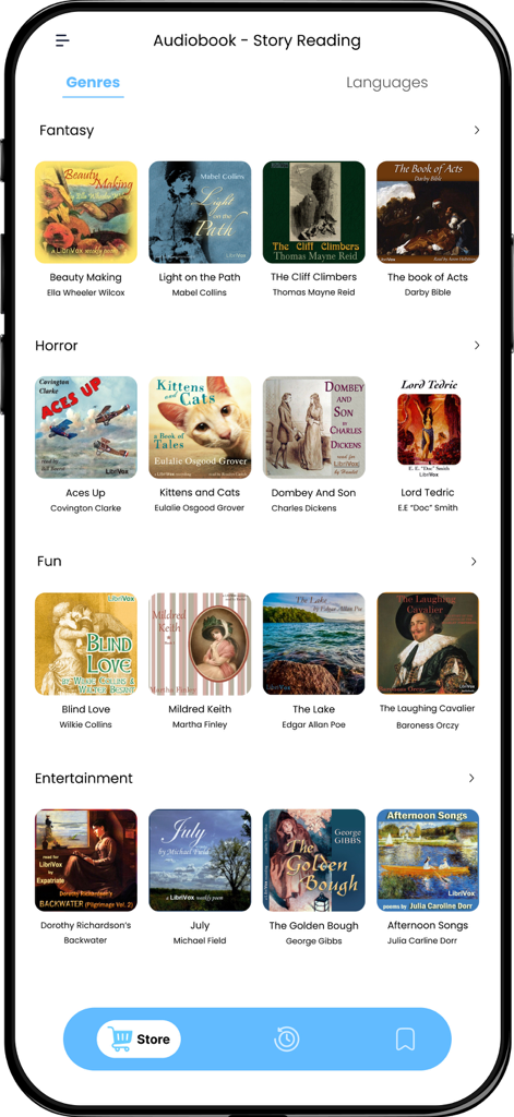 Audiobook - Story Reading App - Browse various audiobook genres like Fantasy and Horror on the Story Reading App interface.