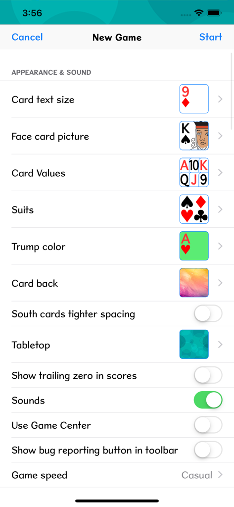 Pinochle+ - ピノクルプラスカードゲームの外観とサウンド設定画面