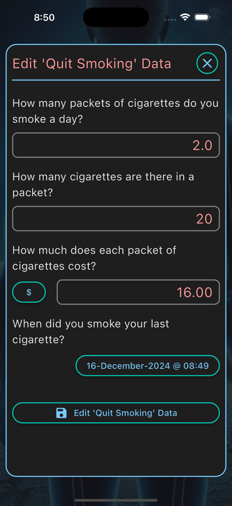 A screenshot of the data entry interface in the Quit Smoking Progress app where users input their smoking frequency and cigarette costs