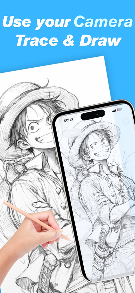 iPhoneのARカメラ投影を使って、紙にワンピースのルフィのスケッチをトレースしている手