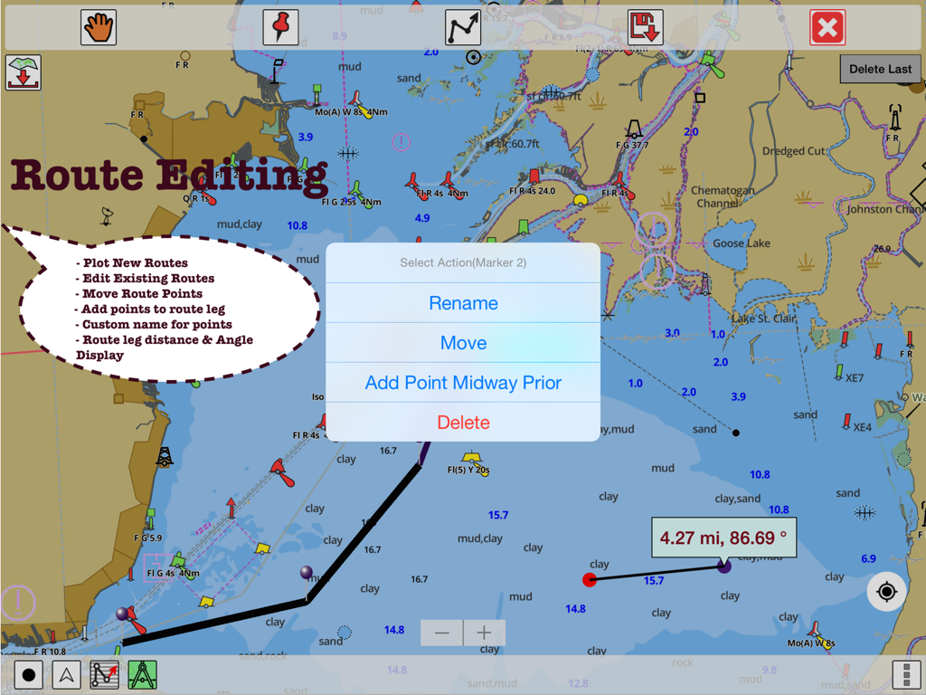 i-Boating:HD Gps Marine Charts - Interface of the i-Boating app showing route editing features and distance measurements on a marine GPS chart